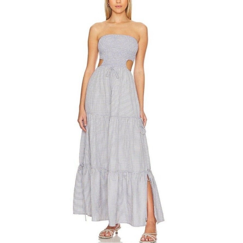 Strapless Blue Gingham Tiered Maxi Dress